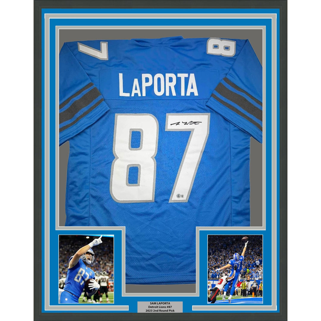 Framed Autographed/Signed Sam LaPorta 35x39 Detroit Blue Jersey Beckett COA