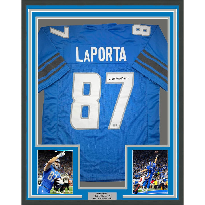 Framed Autographed/Signed Sam LaPorta 35x39 Detroit Blue Jersey Beckett COA