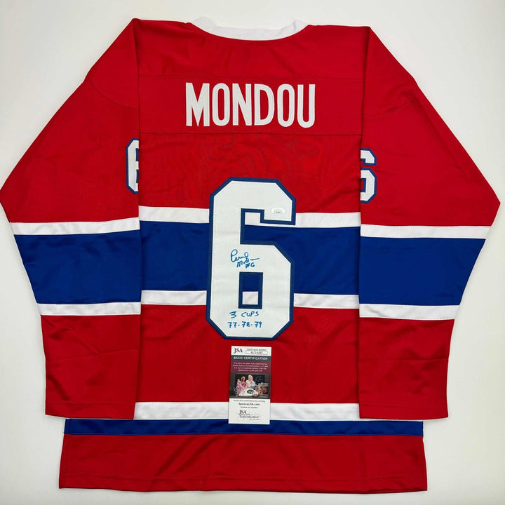 Signed Pierre Mondou 3 Cups 77-78-79 Montreal Red Jersey JSA COA