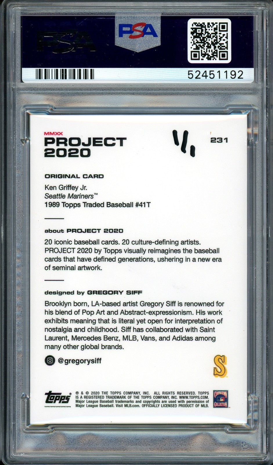 Ken Griffey Jr. Auto Topps Project 2020 Gregory Siff Card 231 1989 #1/1 PSA/DNA