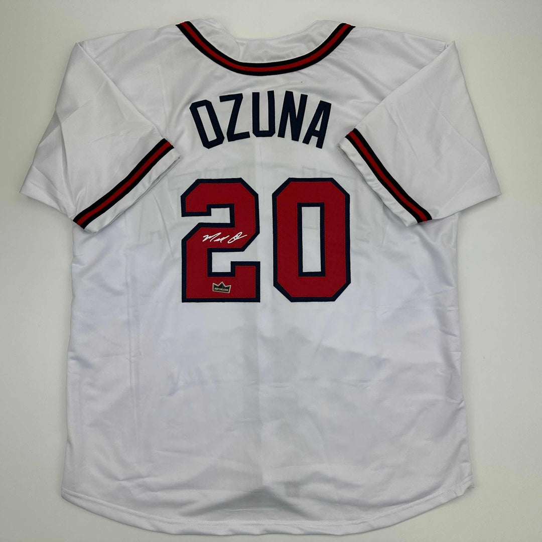 Facsimile Autographed Marcell Ozuna Atlanta White Reprint Jersey Size Men's XL