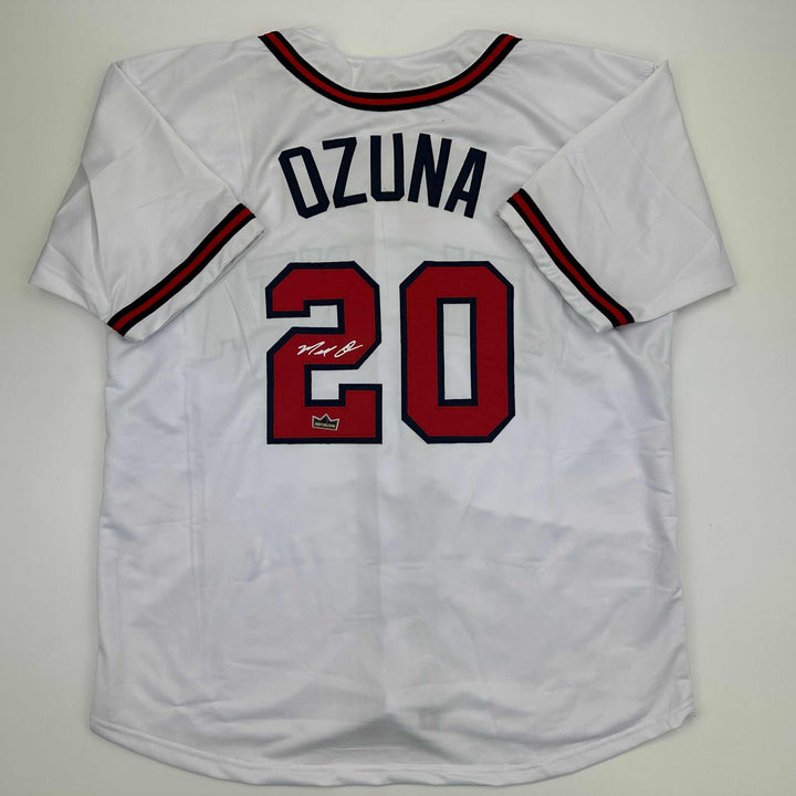 Facsimile Autographed Marcell Ozuna Atlanta White Reprint Jersey Size Men's XL