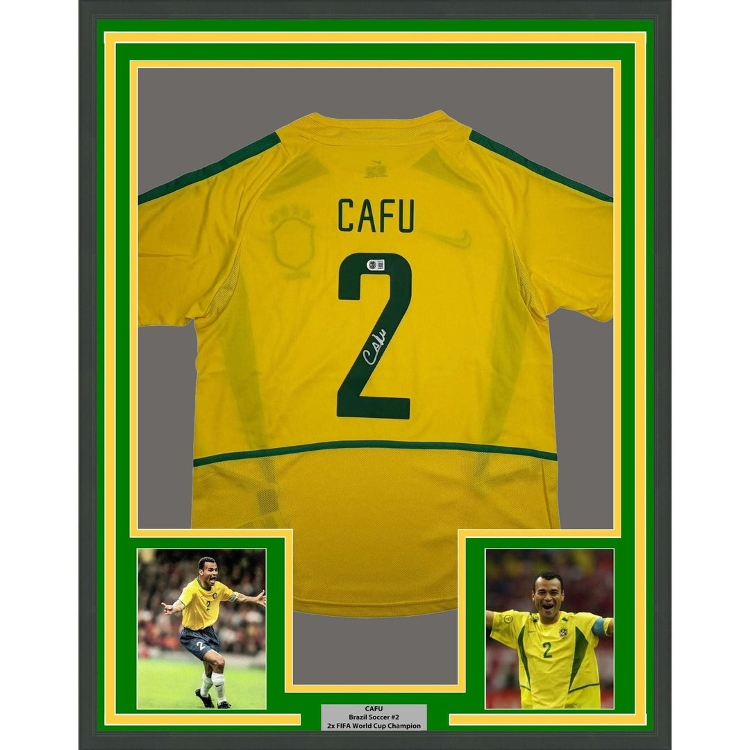 Framed Autographed/Signed Cafu 35x39 Brazil Yellow Jersey Beckett BAS COA