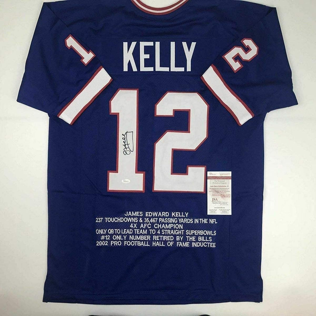 Autographed/Signed Jim Kelly Buffalo Blue Stat Football Jersey JSA COA
