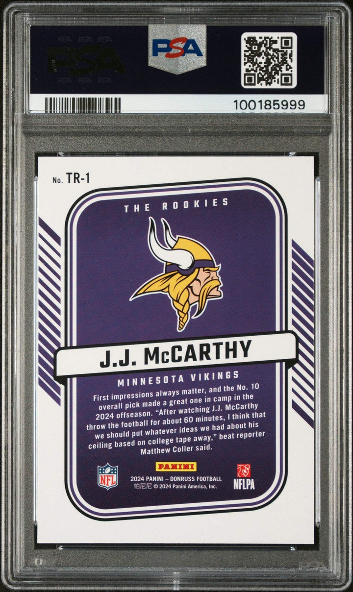 Graded 2024 Panini Donruss JJ McCarthy #TR1 The Rookies RC Football Card PSA 10