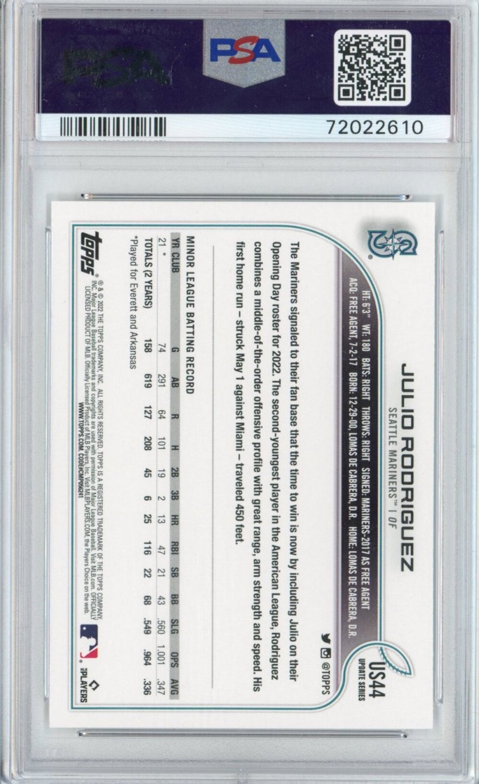 Graded 2022 Topps Update Julio Rodriguez #US44 Rookie RC Card PSA 10 Gem Mint