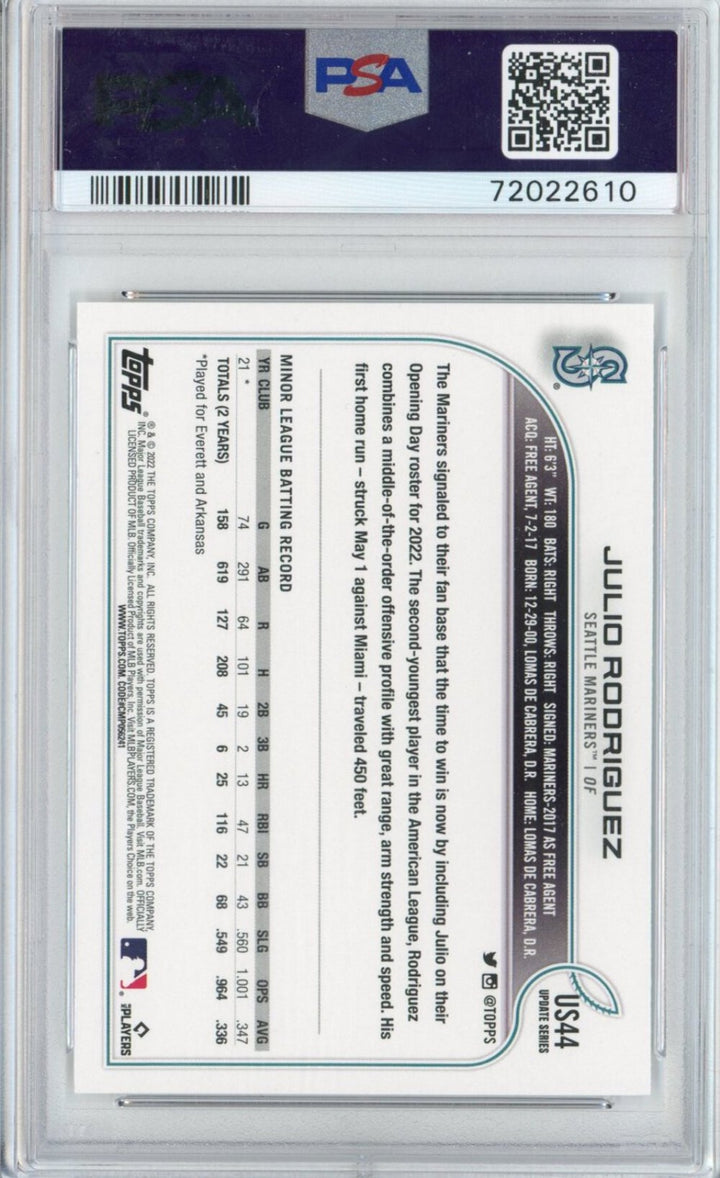 Graded 2022 Topps Update Julio Rodriguez #US44 Rookie RC Card PSA 10 Gem Mint