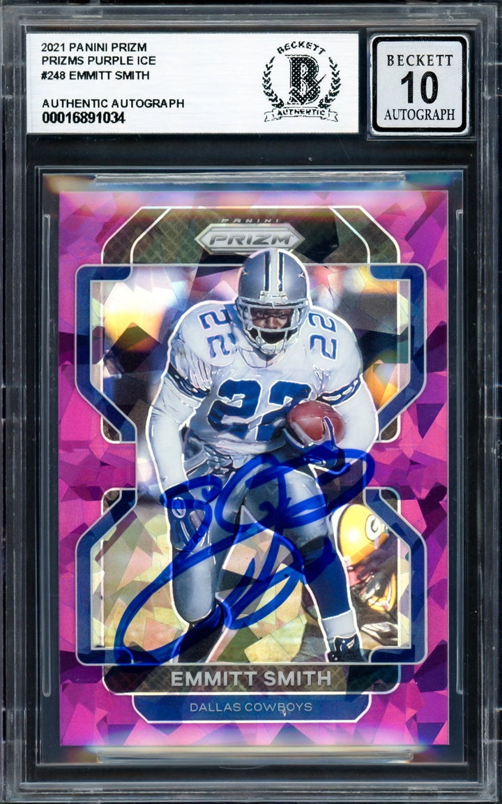 Emmitt Smith Signed 2021 Panini Prizms Purple Ice Card 248 Sig 10 #/225 Beckett