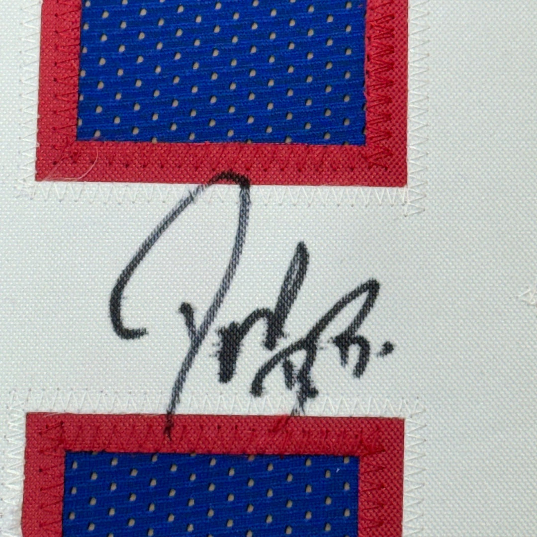 Framed Autographed/Signed Don Beebe 35x39 Buffalo Blue Jersey JSA COA