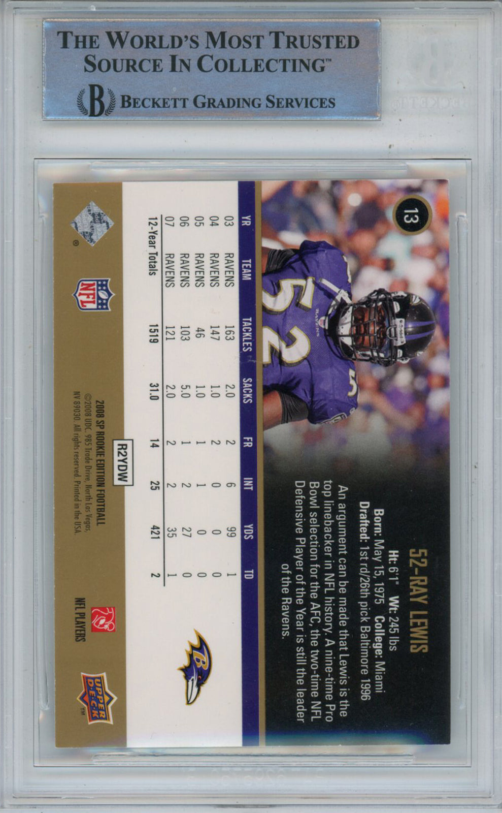 Ray Lewis Signed 2008 SP Rookie Edition #13 Trading Card Beckett Slab 43358