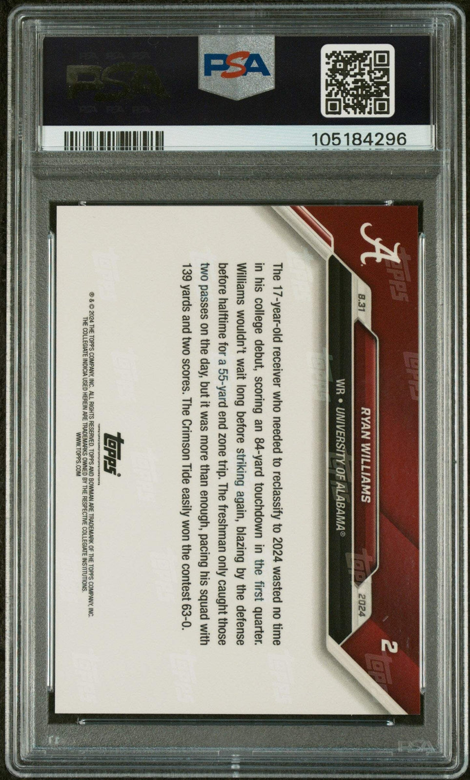 Graded 2024 Topps Bowman U Now Ryan Williams #2 Rookie Football Card PSA 10 Auto