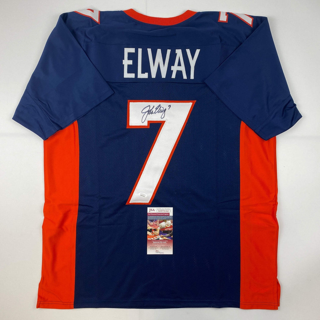 Autographed/Signed John Elway Denver Blue Football Jersey JSA COA Auto