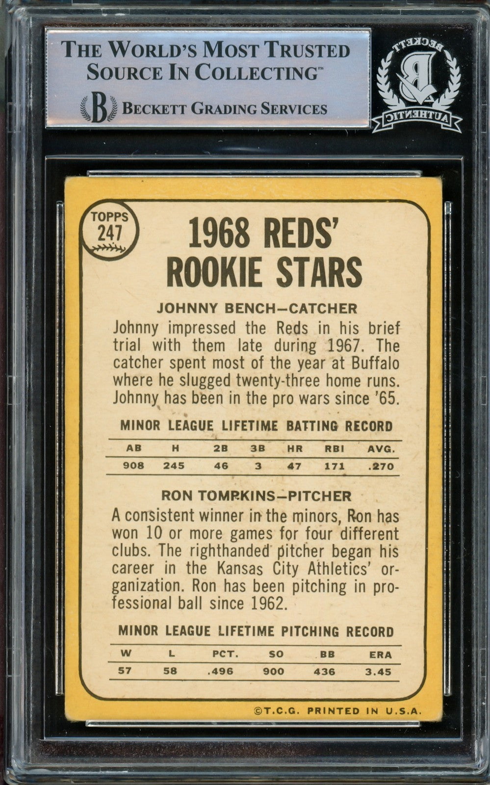 Johnny Bench Signed 1968 Topps RC 247 Reds (Off Condition) Beckett #14862525