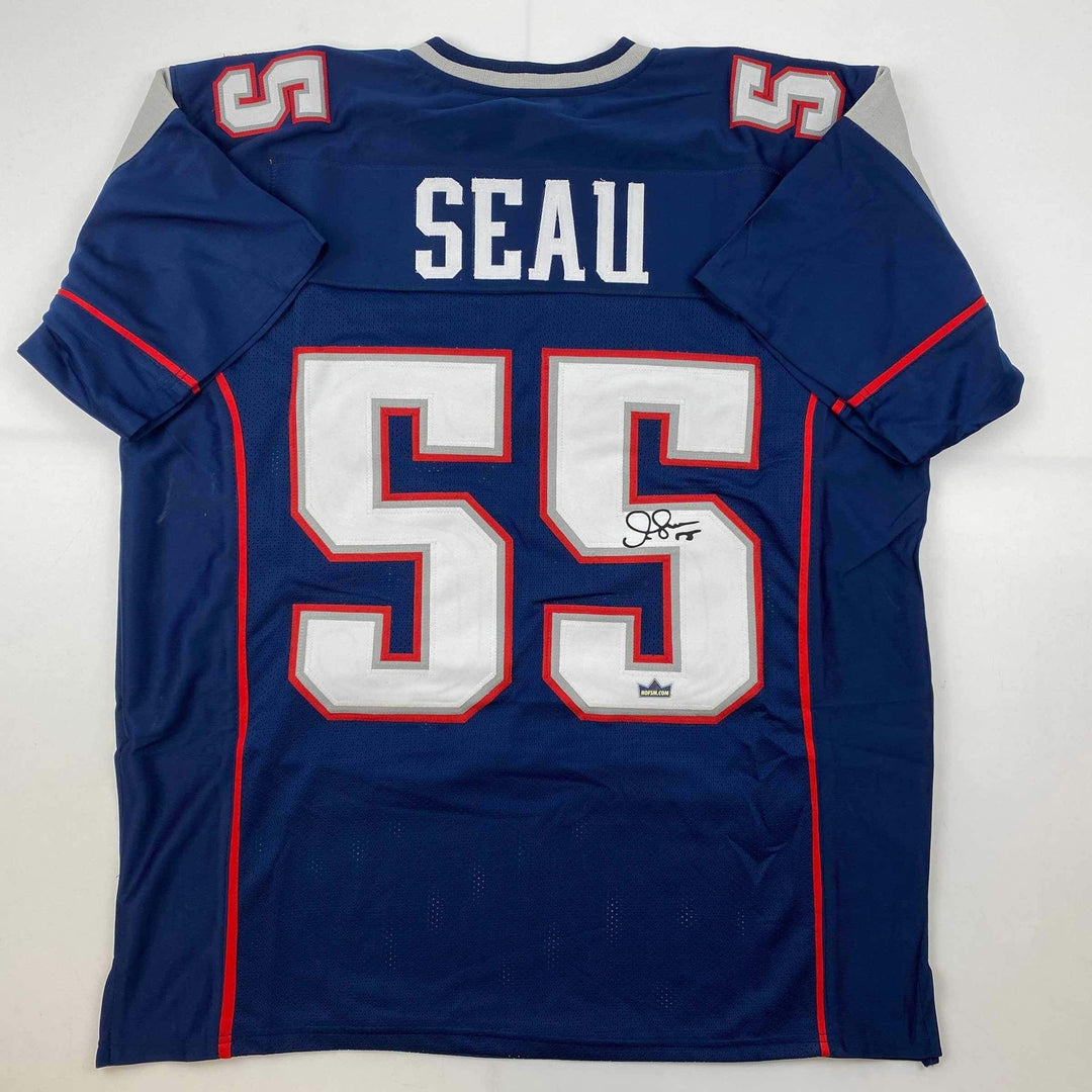 Facsimile Autographed Junior Seau New England Blue Reprint Jersey Size Men's XL
