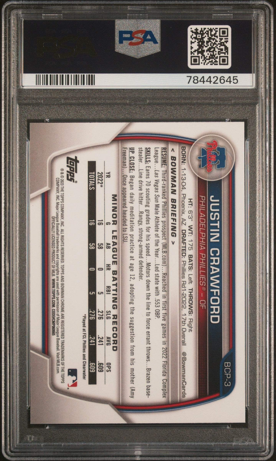Graded 2023 Bowman Justin Crawford #BCP3 Chrome Prospects Baseball Card PSA 10
