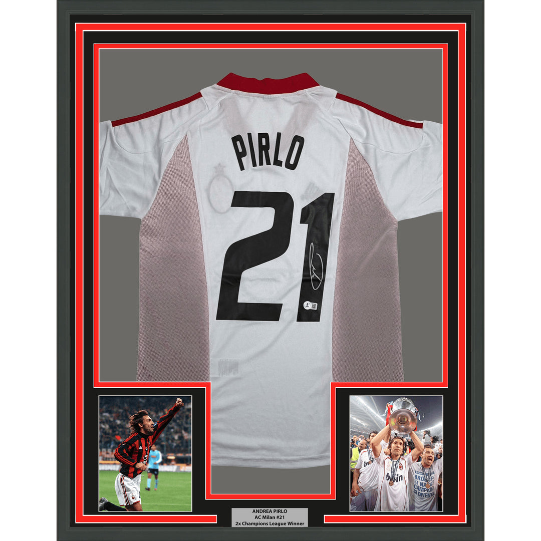 Framed Autographed/Signed Andrea Pirlo 35x39 AC Milan White Jersey BAS COA