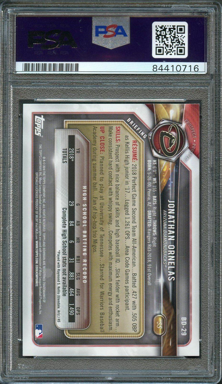 2018 Bowman Draft #BD-29 Jonathan Ornelas Signed Card PSA Slabbed Auto Grade 10
