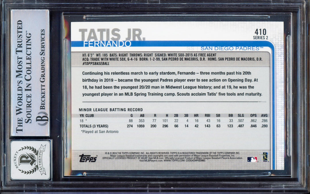 Fernando Tatis Jr. Signed 2019 Topps All-Star RC 410 Padres BGS 9 Sig 10 Beckett