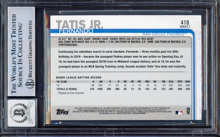 Fernando Tatis Jr. Signed 2019 Topps All-Star RC 410 Padres BGS 9 Sig 10 Beckett