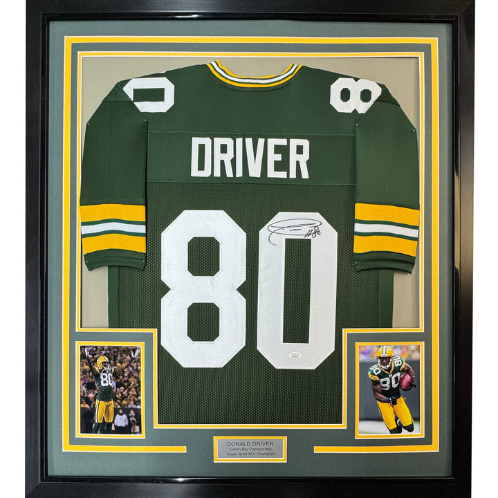 Framed Autographed/Signed Donald Driver 35x39 Green Bay Green Jersey JSA COA