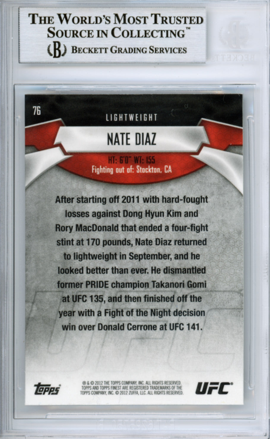 2012 Topps Finest UFC Nate Diaz Signed Trading Card BAS Encapsulated Autograph