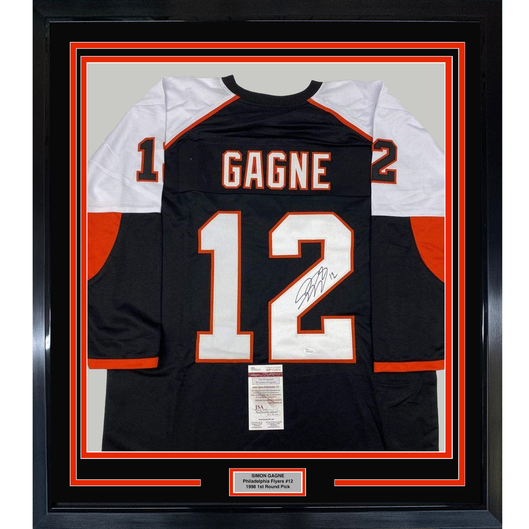 FRAMED Autographed/Signed SIMON GAGNE 33x42 Philly Black Jersey JSA COA Auto