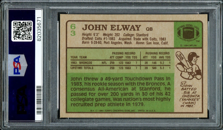 John Elway Signed 1984 Topps RC 63 Denver Broncos PSA 5 Sig 10 PSA/DNA