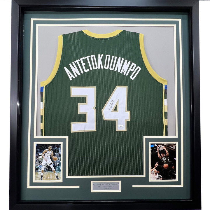 Framed Autographed/Signed Giannis Antetokounmpo 33x42 Green Jersey JSA COA