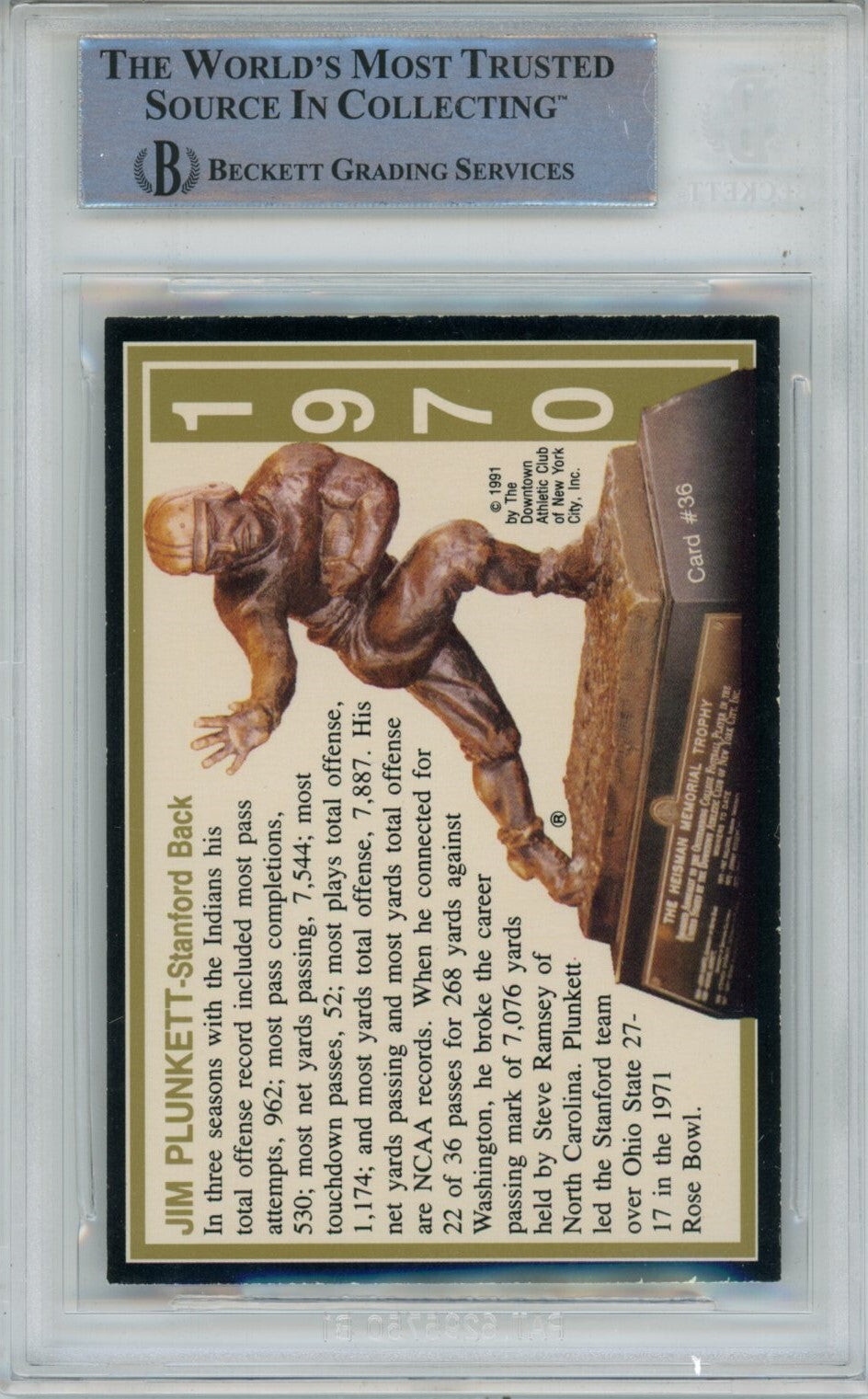 Jim Plunkett Signed Stanford Cardinal 1991 Heisman #36 Beckett Slab 40732