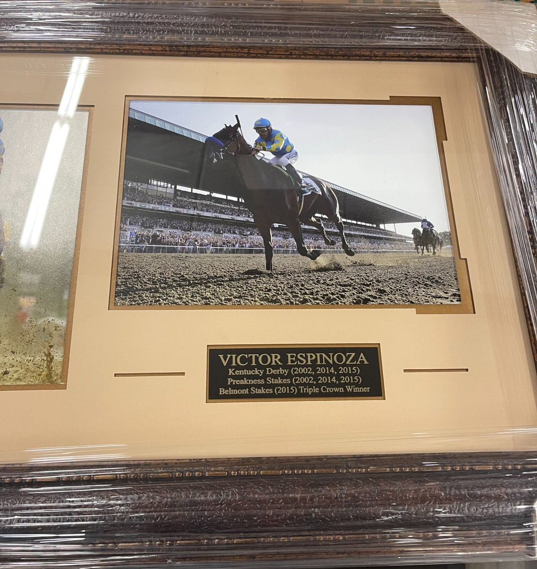 American Pharoah Victor Espinoza 3 Photo Leather Framed 41x19- TRIPLE CROWN