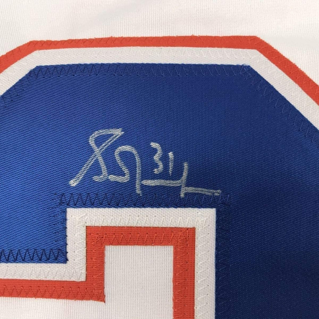 FRAMED Autographed/Signed GRANT FUHR 33x42 Edmonton White Jersey JSA COA