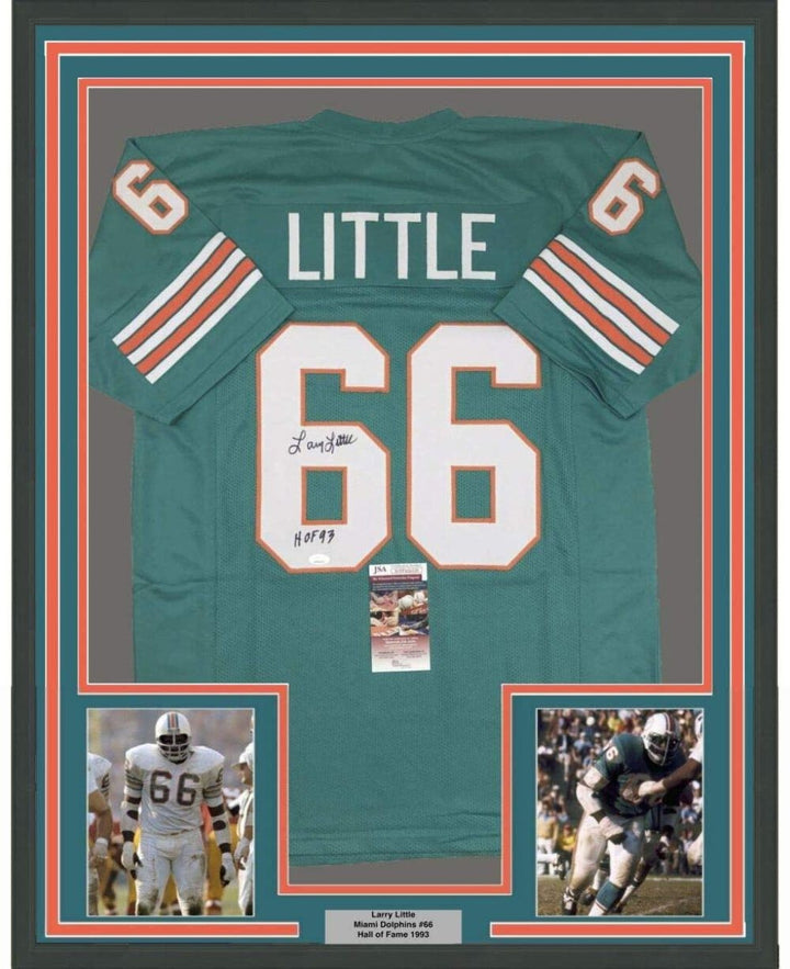 FRAMED Autographed/Signed LARRY LITTLE HOF 93 33x42 Miami Teal Jersey JSA COA