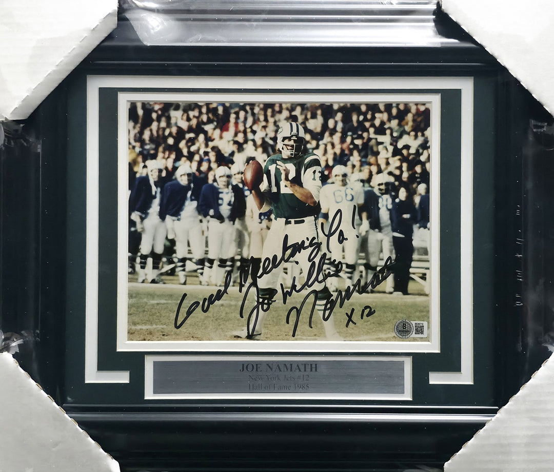 Joe Namath Signed Framed 8x10 Photo Jets "Good Meeting Ya!" Beckett QR #BS36710