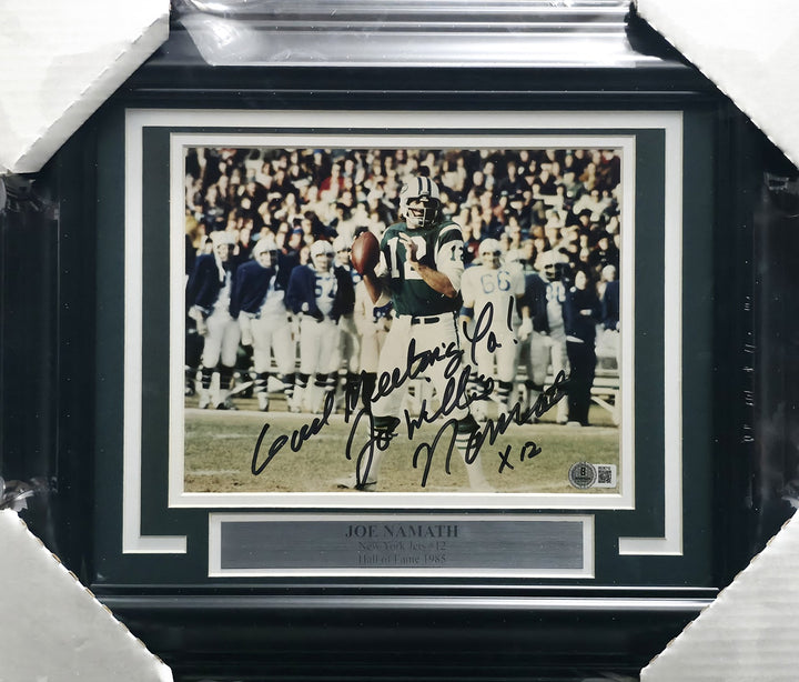 Joe Namath Signed Framed 8x10 Photo Jets "Good Meeting Ya!" Beckett QR #BS36710