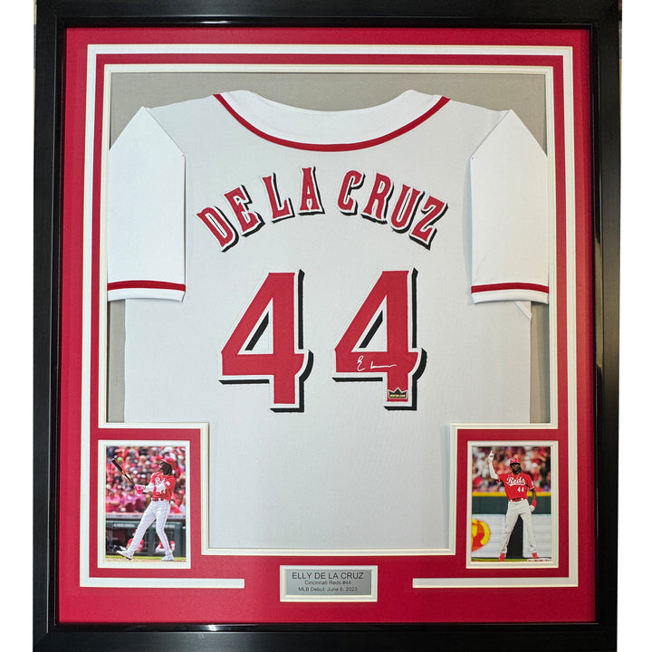 Framed Facsimile Autographed Elly De La Cruz 33x42 White Reprint Laser Jersey