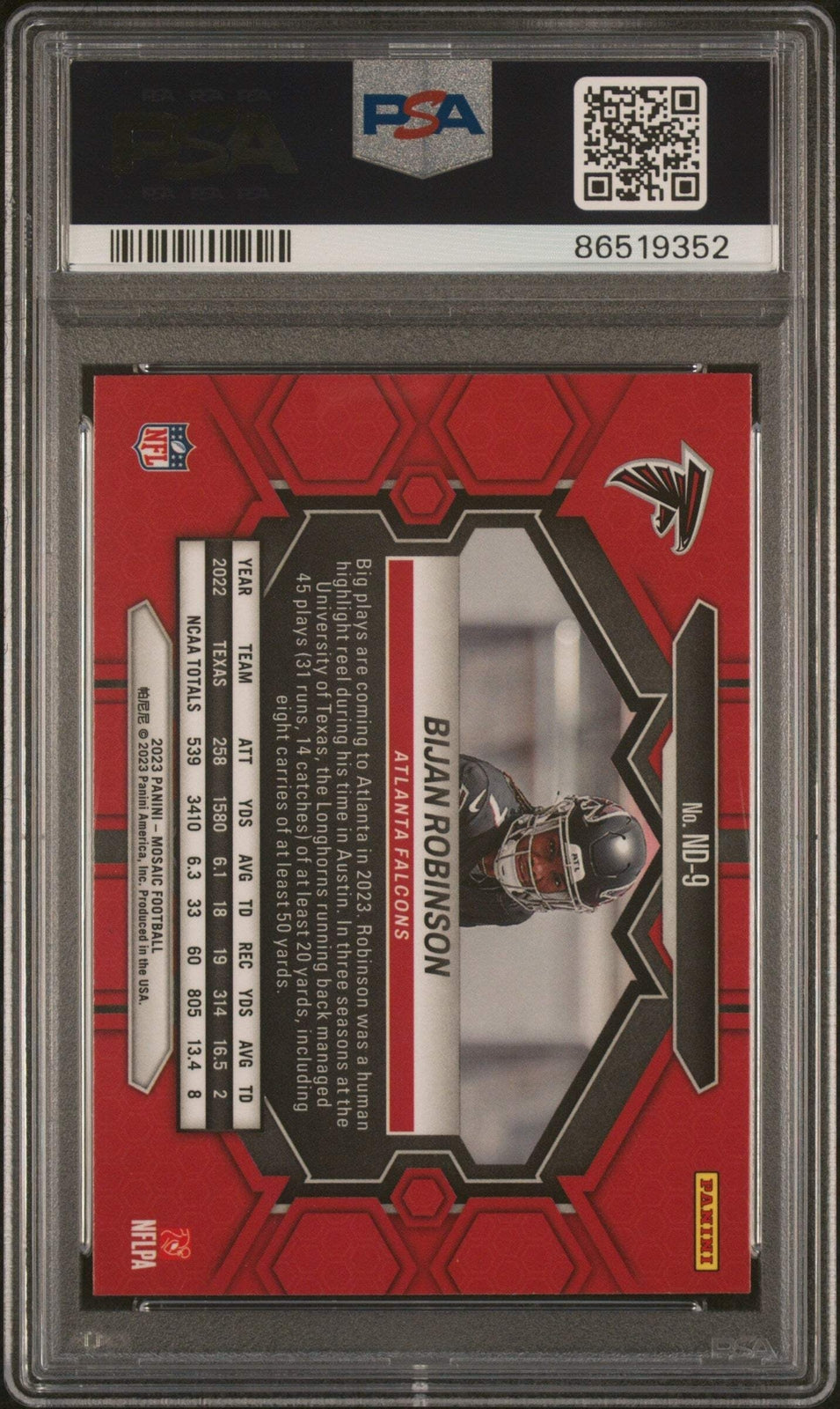 Graded 2023 Panini Mosaic Bijan Robinson #ND9 NFL Debut RC Football Card PSA 10