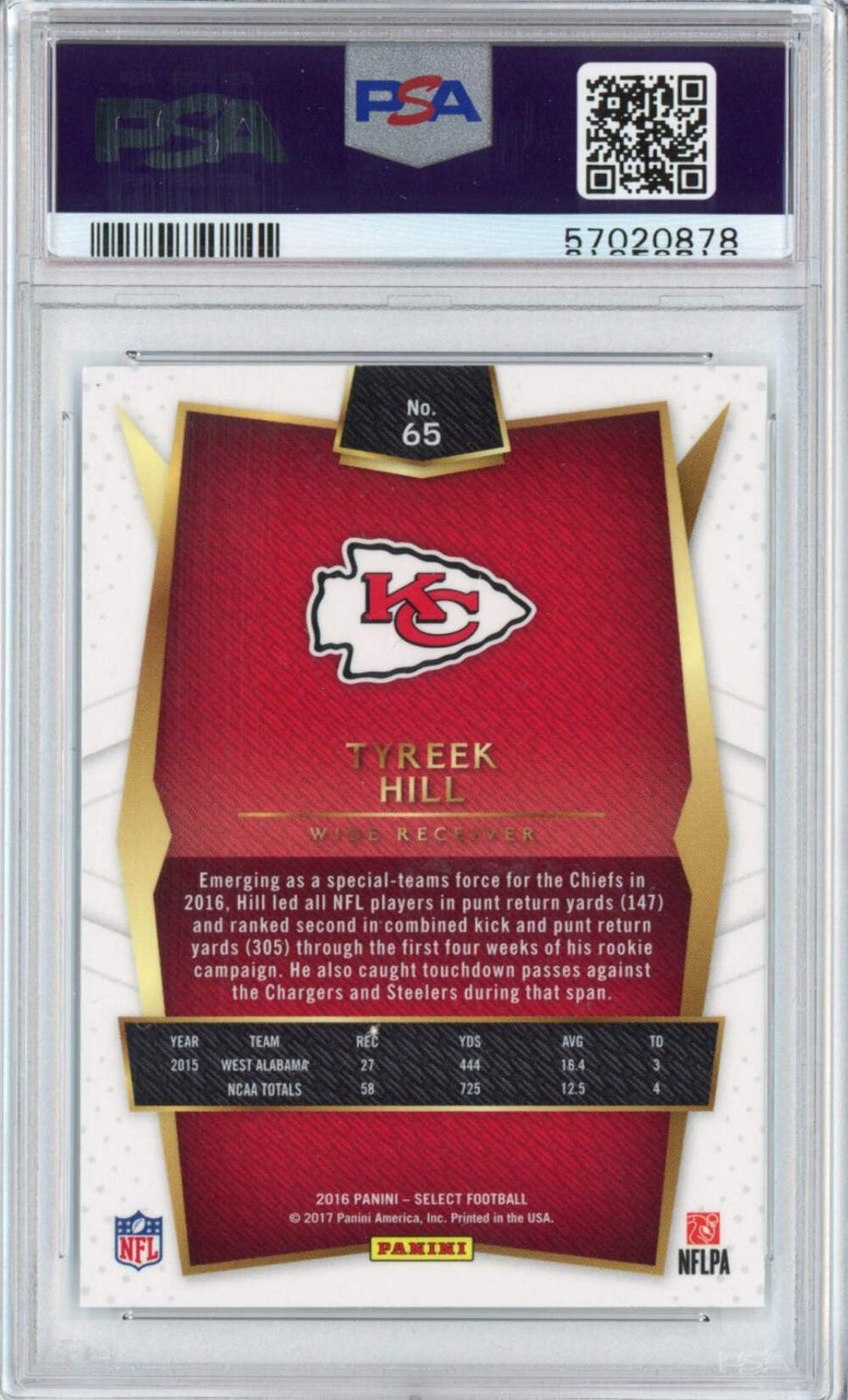 Graded 2016 Panini Select Tyreek Hill #65 Rookie RC Football Card PSA 10 Mint