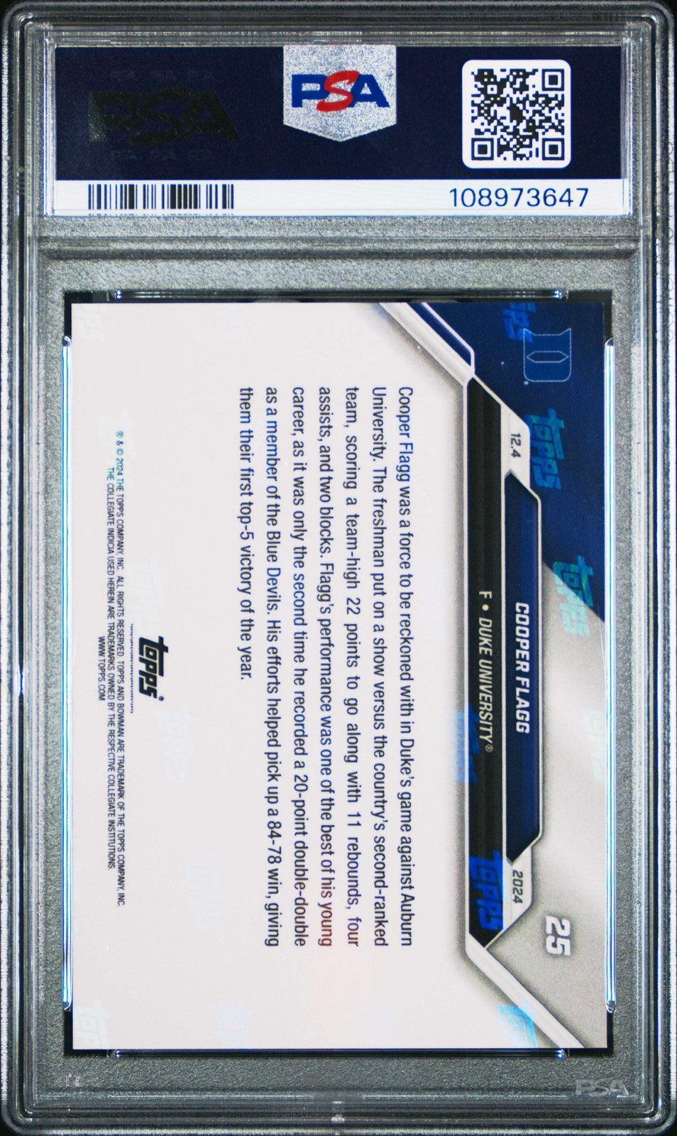 Graded 2024 Bowman U Now Cooper Flagg #25 Rookie RC Basketball Card PSA 10