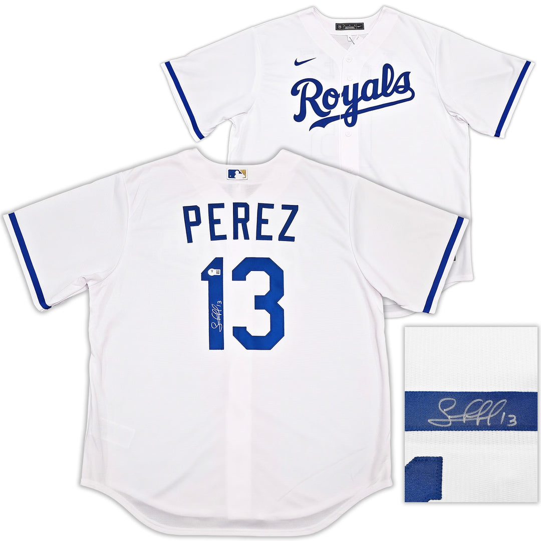 Kansas City Royals Salvador Perez Signed White Nike Jersey Size XL Beckett Wit