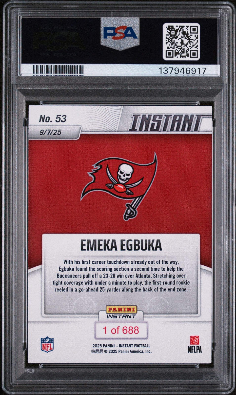 Graded 2025 Panini Instant NFL Emeka Egbuka #53 Rookie RC Football Card PSA 10