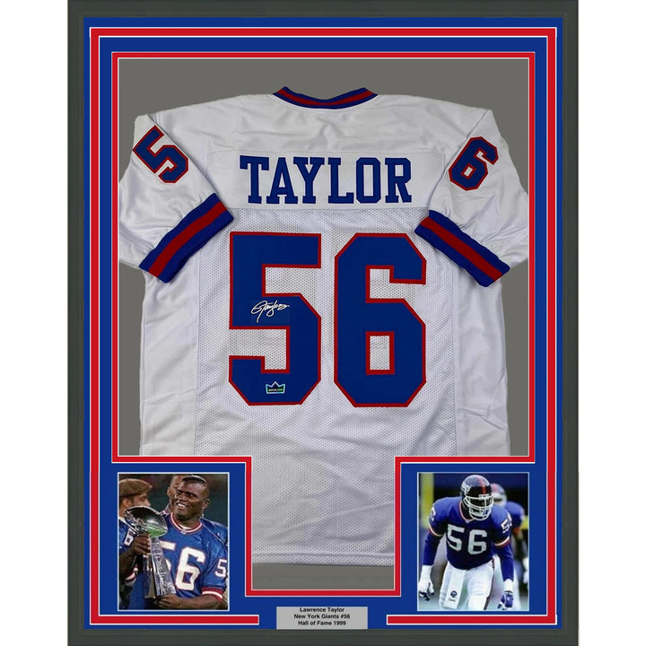 Framed Facsimile Autographed Lawrence Taylor 33x42 White Reprint Auto Jersey