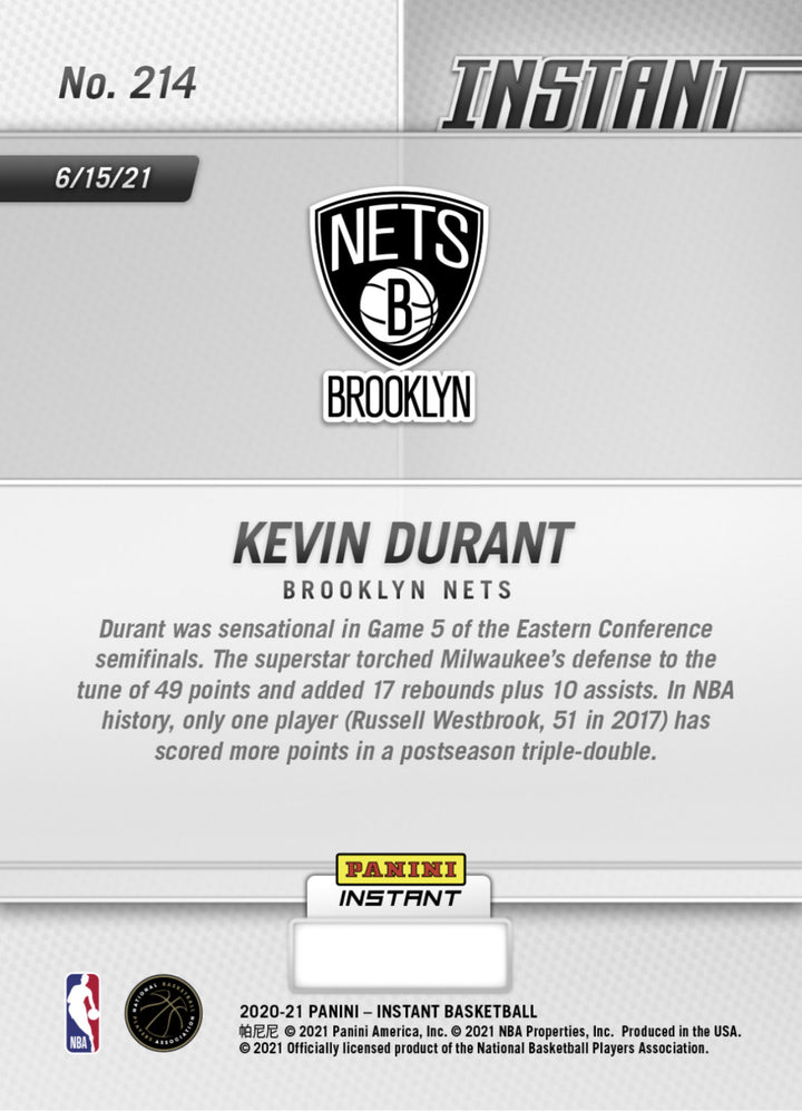 KEVIN DURANT UNSTOPPABLE IN Gm5 CONFERENCE FINALS PANINI INSTANT NETS CARD #214