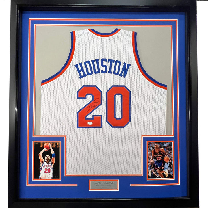 Framed Autographed/Signed Allan Houston 33x42 New York White Jersey PSA/DNA COA