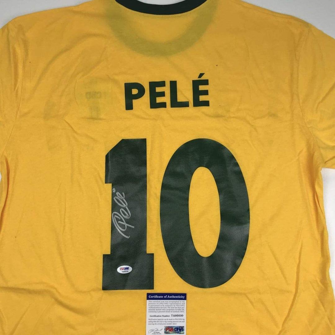 Autographed/Signed PELE Brazil Yellow Soccer Futbol Jersey PSA/DNA COA Auto #2