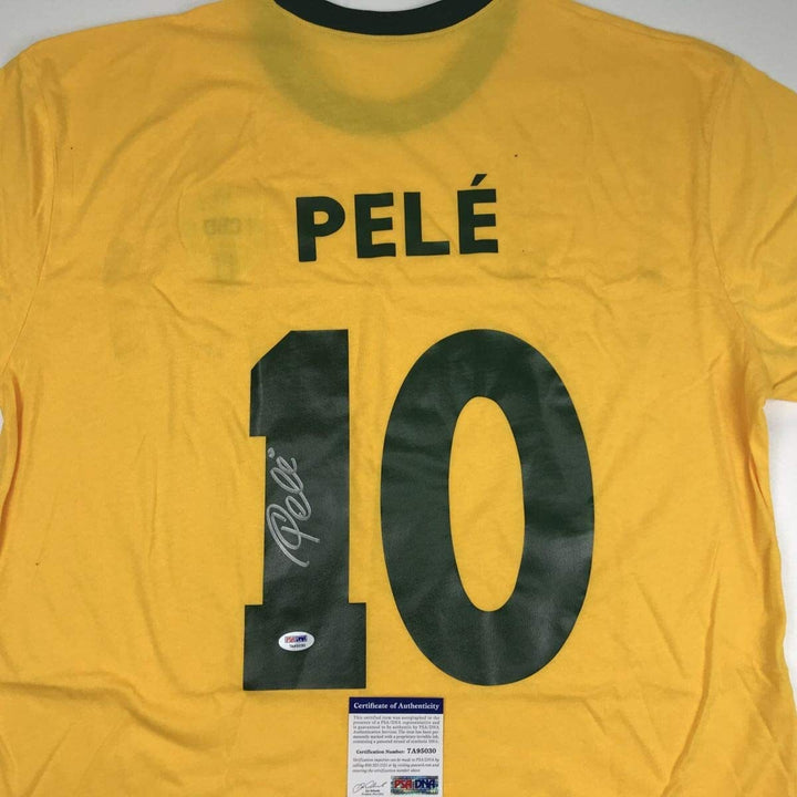 Autographed/Signed PELE Brazil Yellow Soccer Futbol Jersey PSA/DNA COA Auto #2