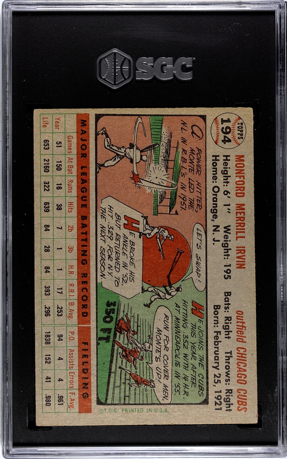 Monte Irvin 1956 Topps Baseball Card #194- SGC Graded 4 VG-EX (Chicago Cubs)