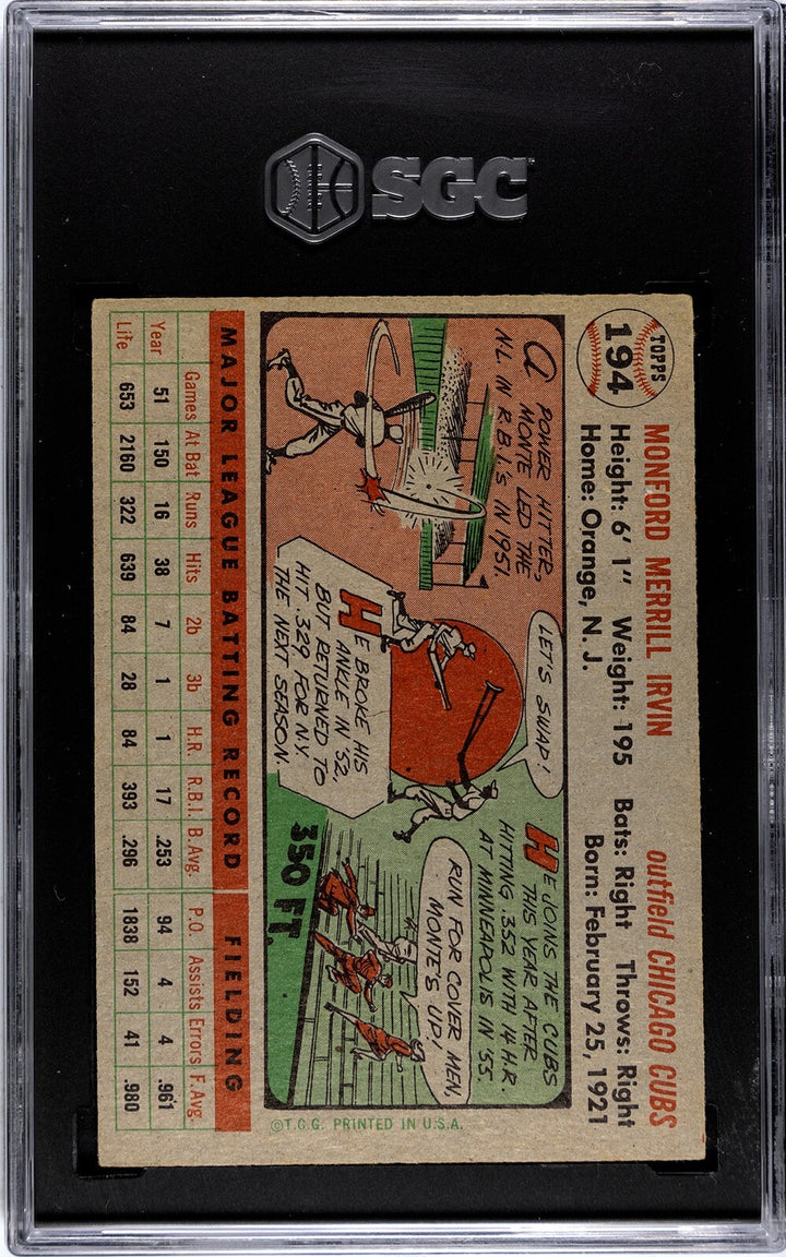 Monte Irvin 1956 Topps Baseball Card #194- SGC Graded 4 VG-EX (Chicago Cubs)