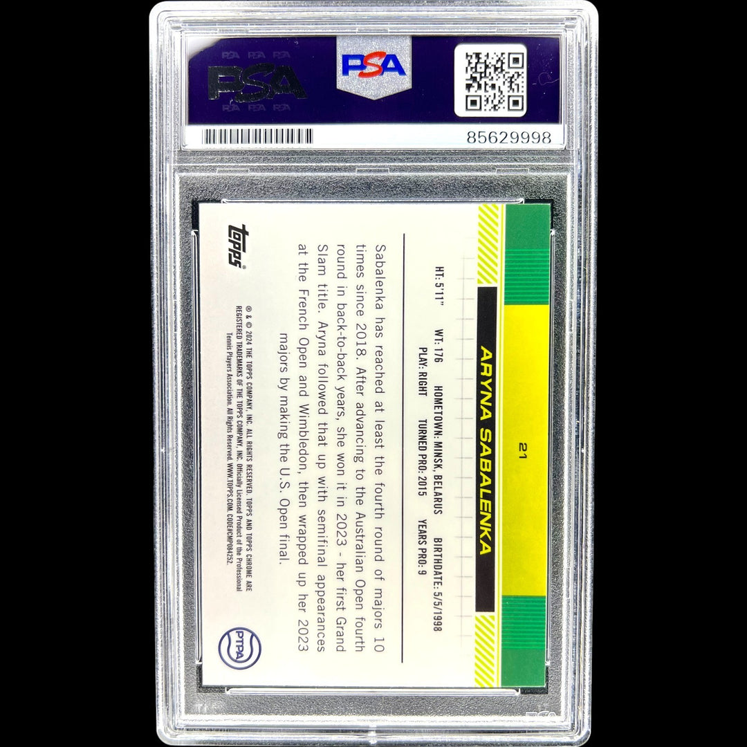 2024 TOPPS CHROME #21 LIME GREEN REFRACTOR ARYNA SABALENKA SIGNED /299 AUTO PSA