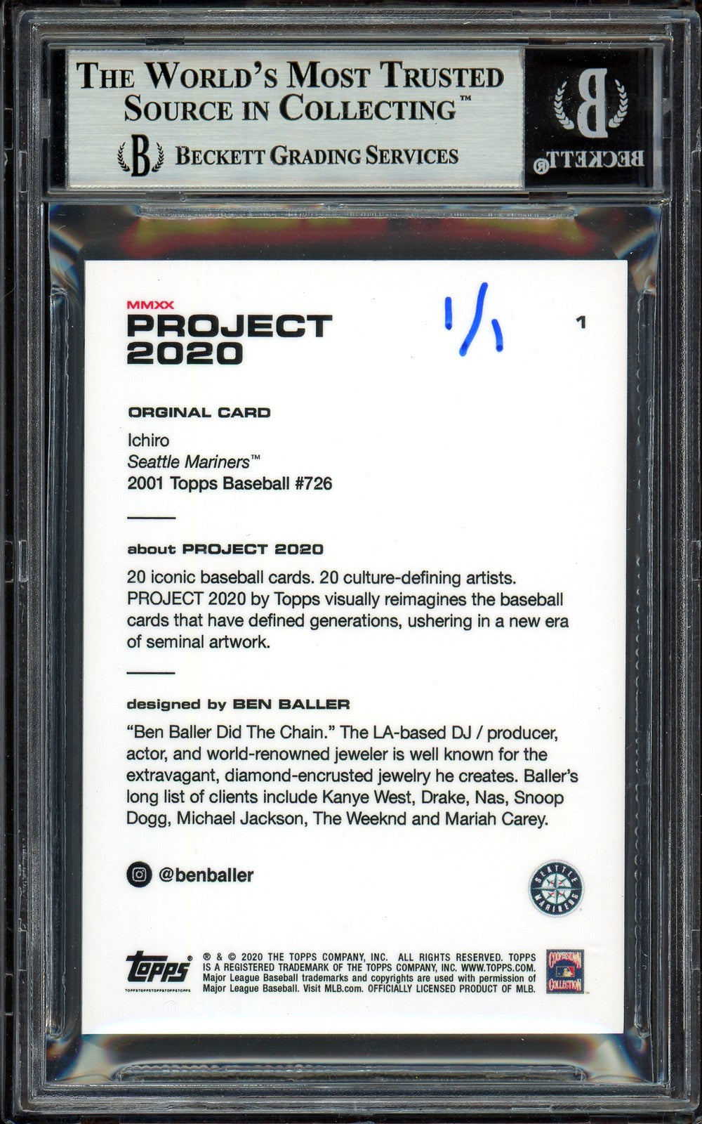 Ichiro Suzuki Signed Topps Project 2020 Ben Baller Card 1 07 AS MVP #1/1 Beckett