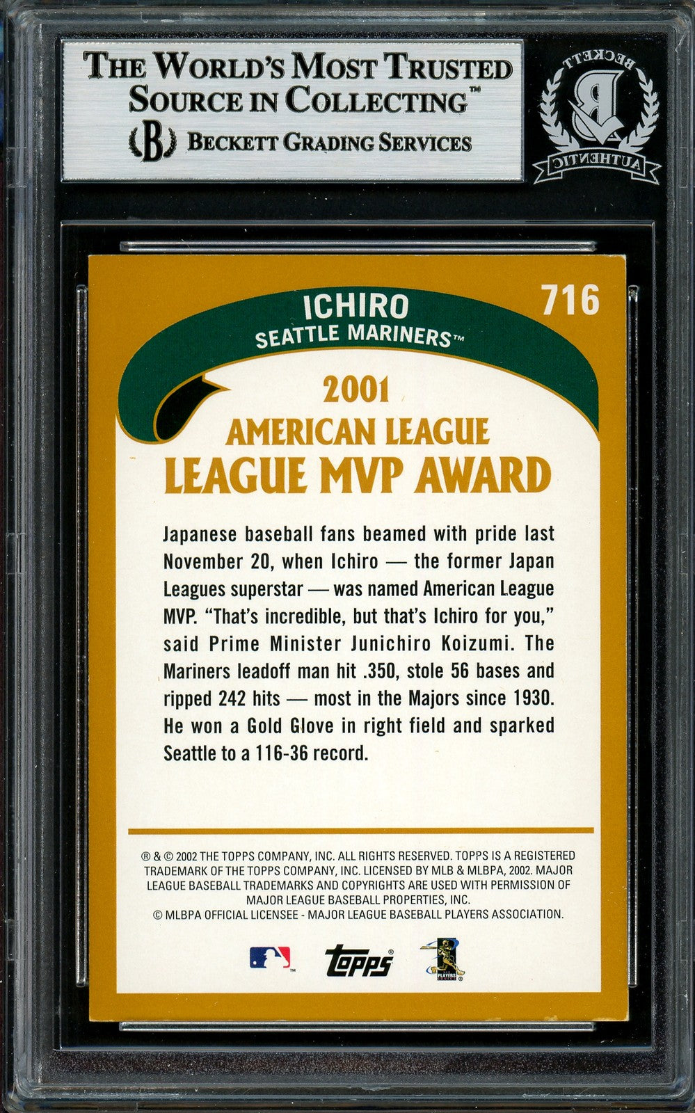 Ichiro Suzuki Autographed Signed 2002 Topps Card 716 Seattle Mariners Beckett
